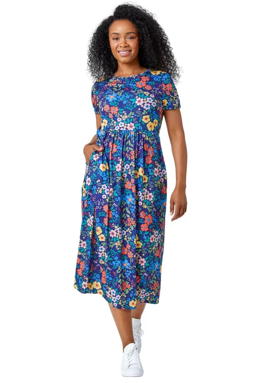 Roman Navy Petite Floral Print Midi Stretch Dress - 8 Image 1