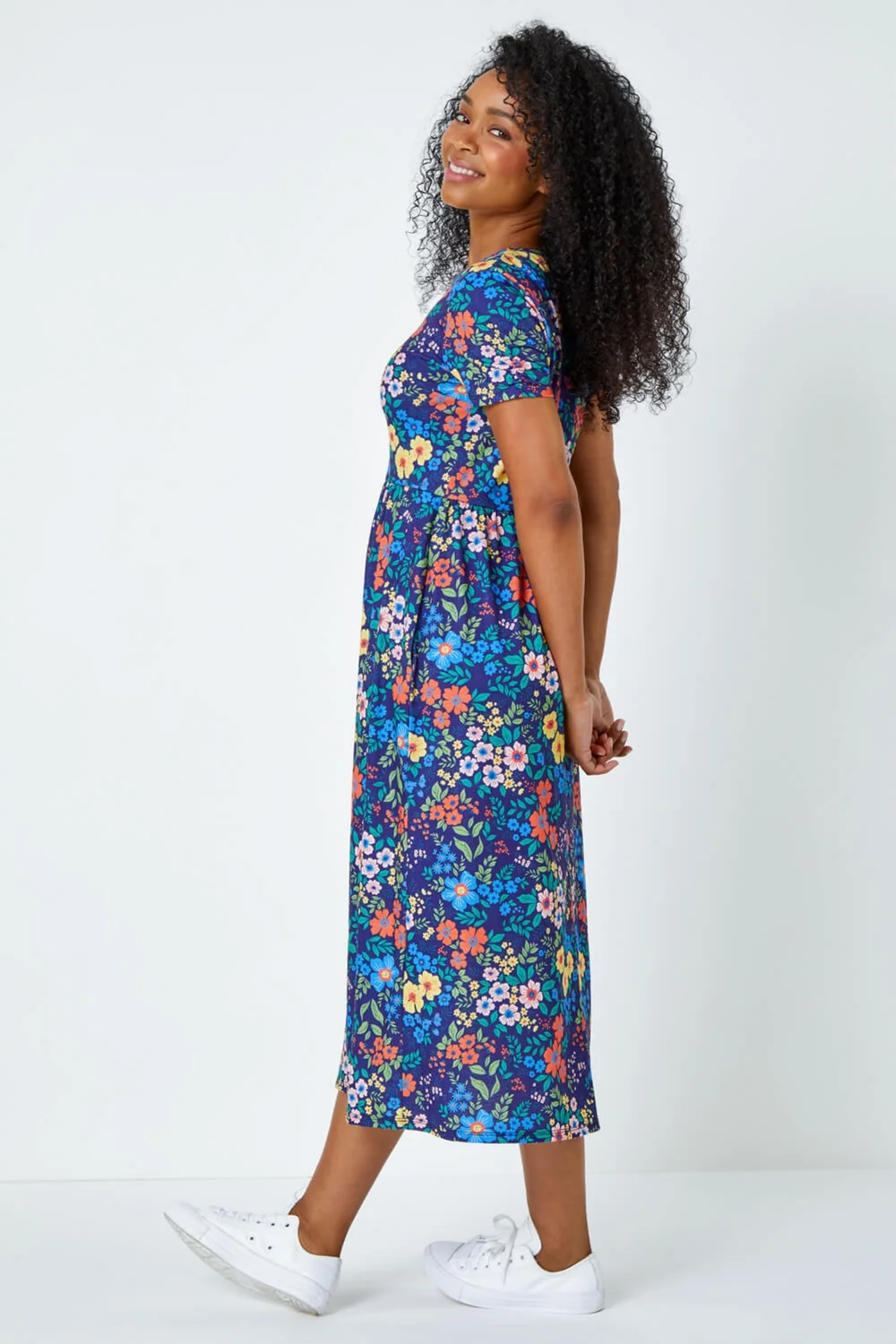 Roman Navy Petite Floral Print Midi Stretch Dress - 8 Image 3