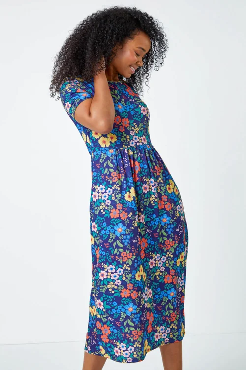 Roman Navy Petite Floral Print Midi Stretch Dress - 8 Image 2