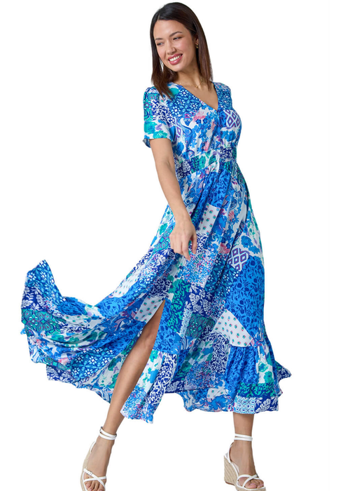 Roman Blue Patchwork Paisley Frilled Hem Maxi Dress - 14 Image 3