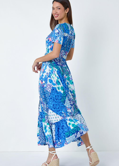 Roman Blue Patchwork Paisley Frilled Hem Maxi Dress - 14 Image 2