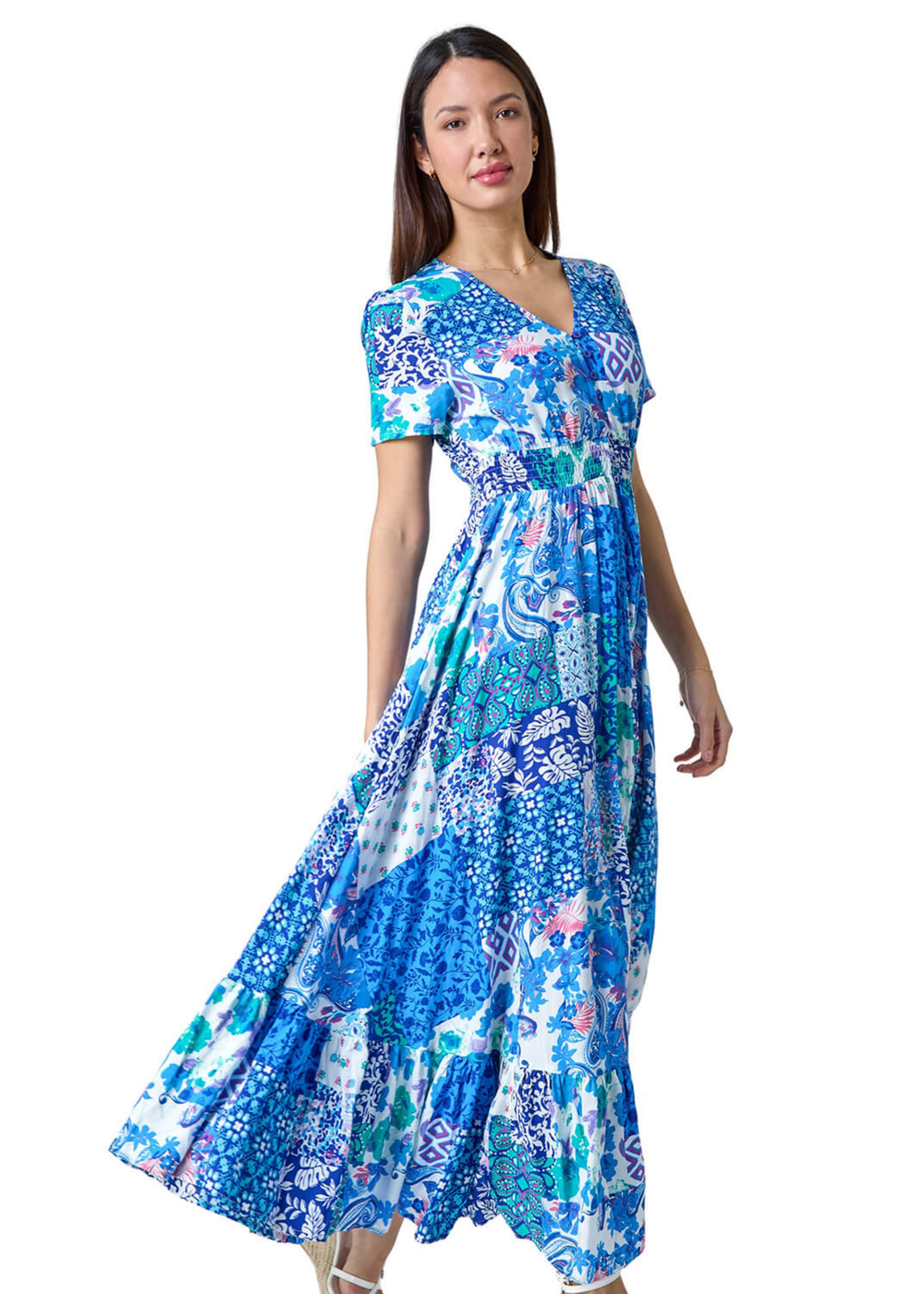 Roman Blue Patchwork Paisley Frilled Hem Maxi Dress - 14 Image 1