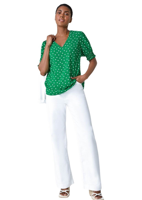 Roman Green Polka Dot Shirred V-Neck Top - 10 Image 3