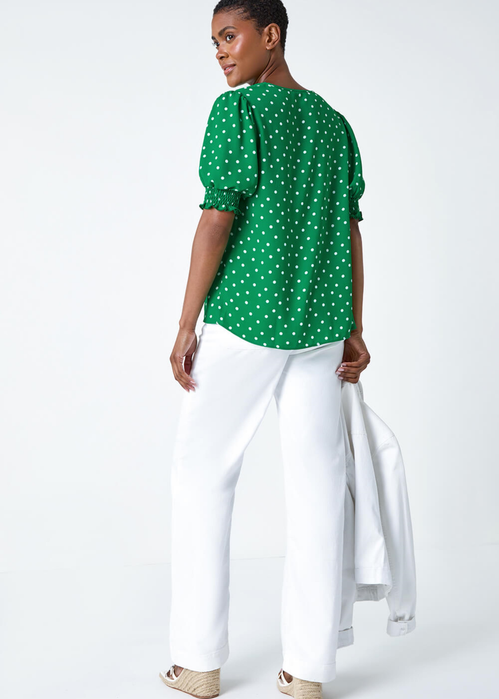 Roman Green Polka Dot Shirred V-Neck Top - 10 Image 2