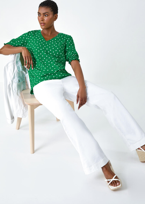 Roman Green Polka Dot Shirred V-Neck Top - 10 Image 4