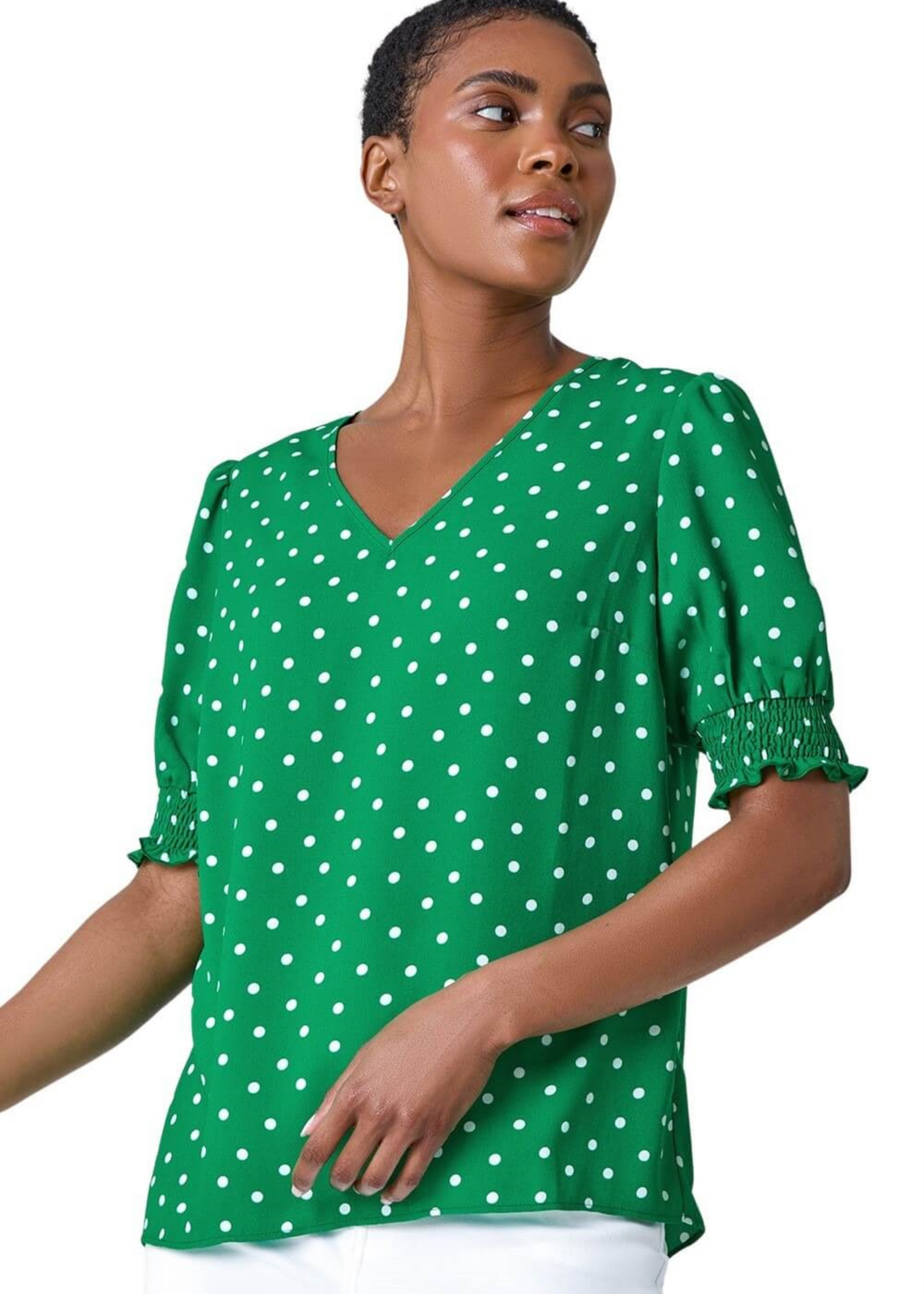 Roman Green Polka Dot Shirred V-Neck Top - 10 Image 1