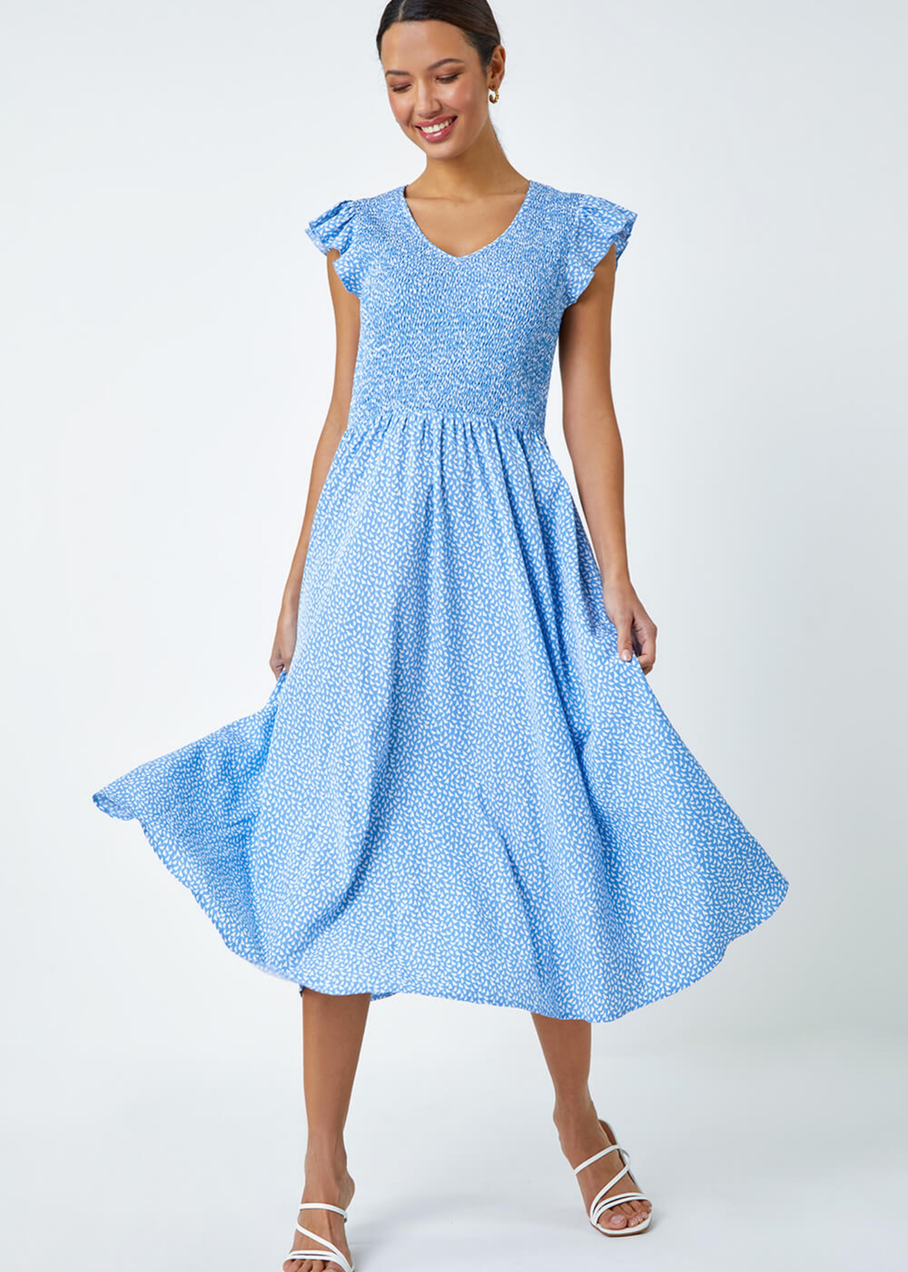 Roman Light Blue Ditsy Print Shirred Midi Dress - 10 Image 1
