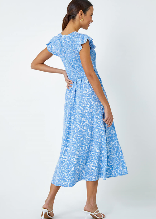 Roman Light Blue Ditsy Print Shirred Midi Dress - 10 Image 2