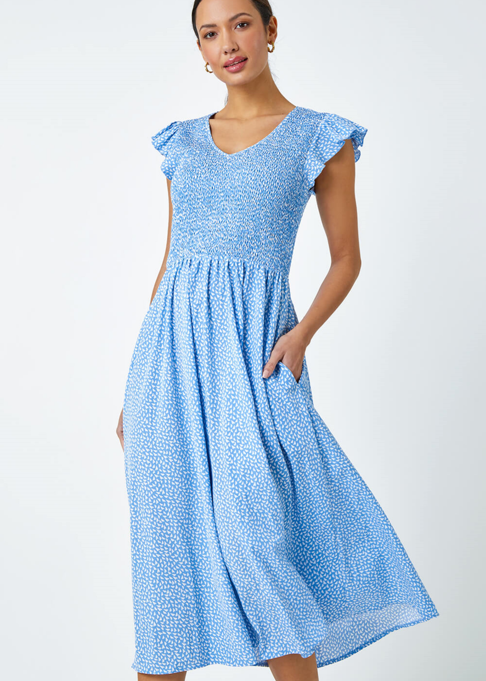 Roman Light Blue Ditsy Print Shirred Midi Dress - 10 Image 3