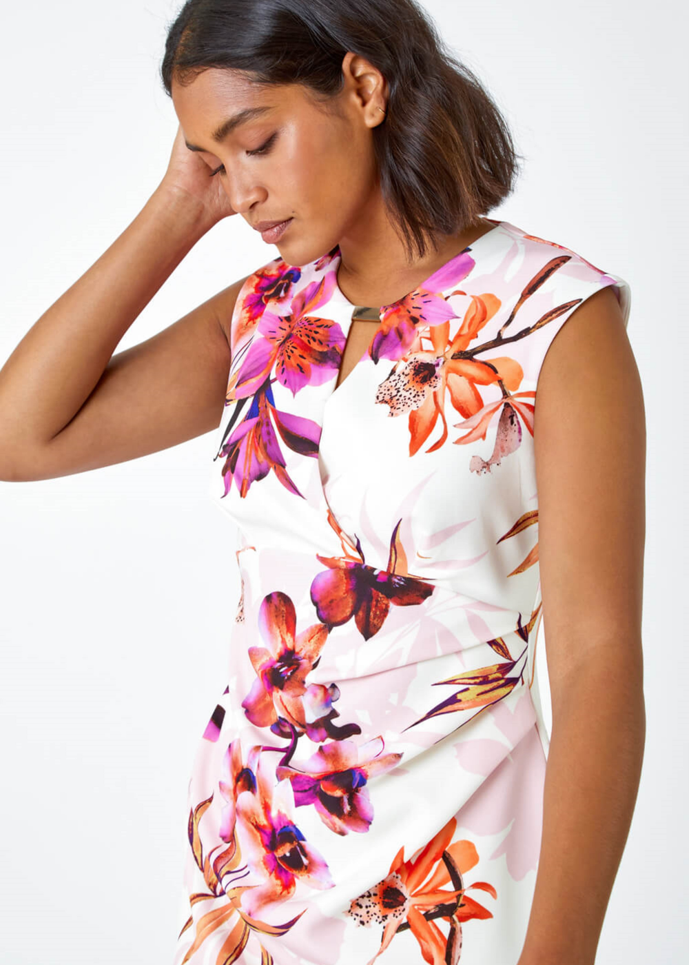 Roman Ivory Floral Print Ruched Shift Bodycon Wrap Dress - 20 Image 4