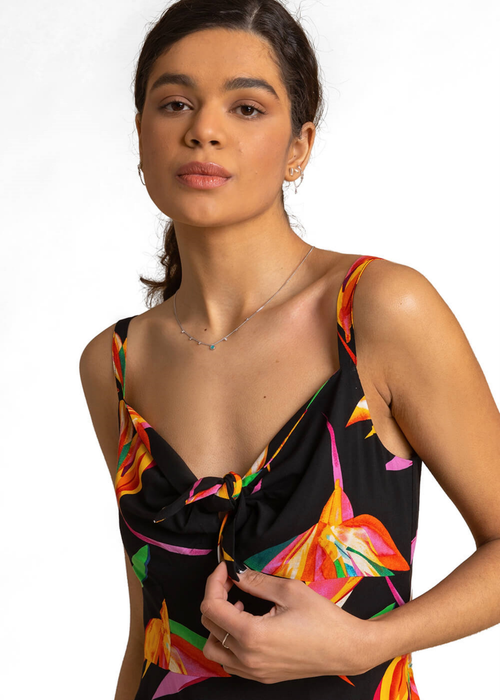 Roman Black Floral Print Tie Front Midi Dress - 14 Image 4