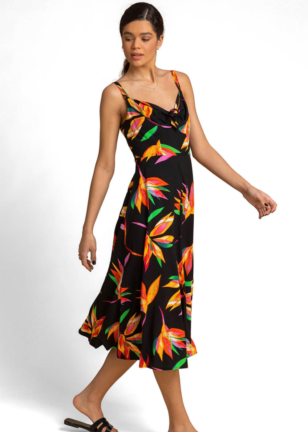 Roman Black Floral Print Tie Front Midi Dress - 14 Image 3