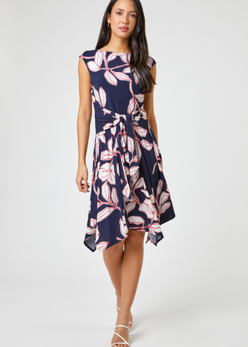 Roman Red Floral Tie Waist Hanky Hem Asymmetric Dress - 6 Image 3