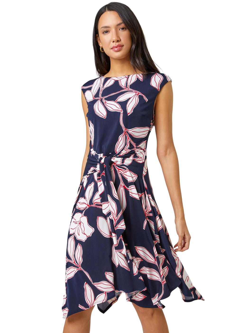 Roman Red Floral Tie Waist Hanky Hem Asymmetric Dress - 6 Image 1