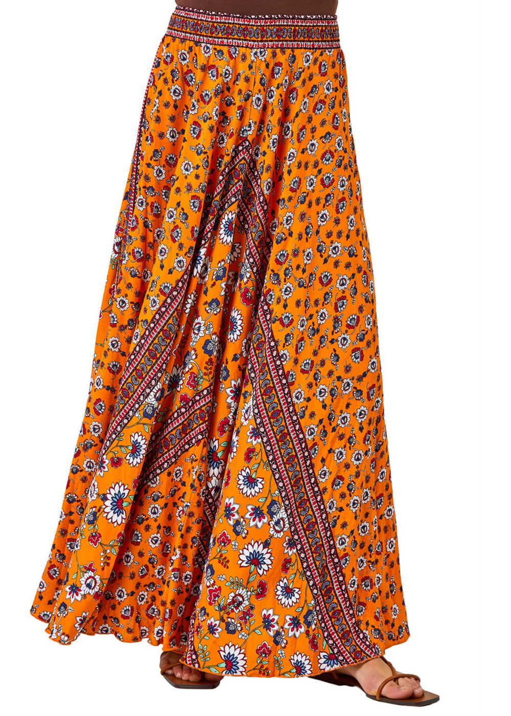 Roman Orange Floral Print Boho Elastic Waist Maxi Skirt - Size 6 Image 1