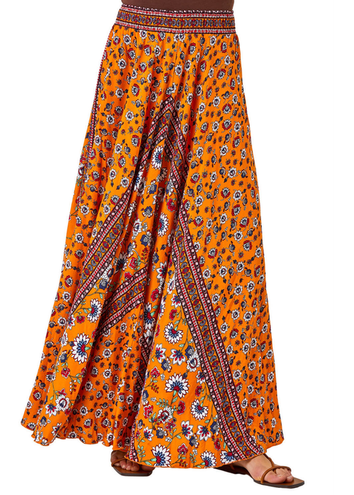 Roman Orange Floral Print Boho Elastic Waist Maxi Skirt - Size 6 Image 1
