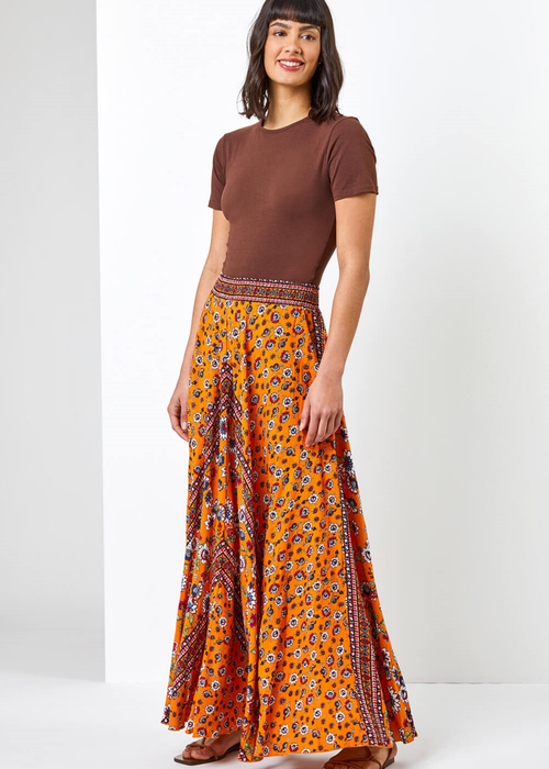 Roman Orange Floral Print Boho Elastic Waist Maxi Skirt - Size 6 Image 3