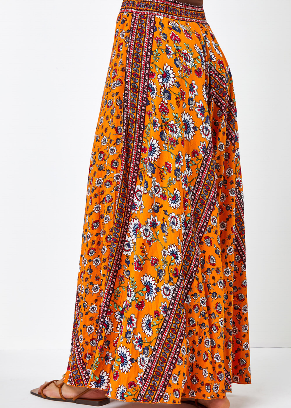Roman Orange Floral Print Boho Elastic Waist Maxi Skirt - Size 6 Image 2