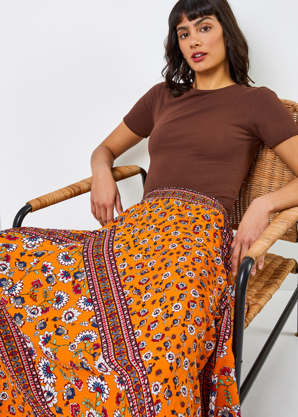 Roman Orange Floral Print Boho Elastic Waist Maxi Skirt - Size 6 Image 4