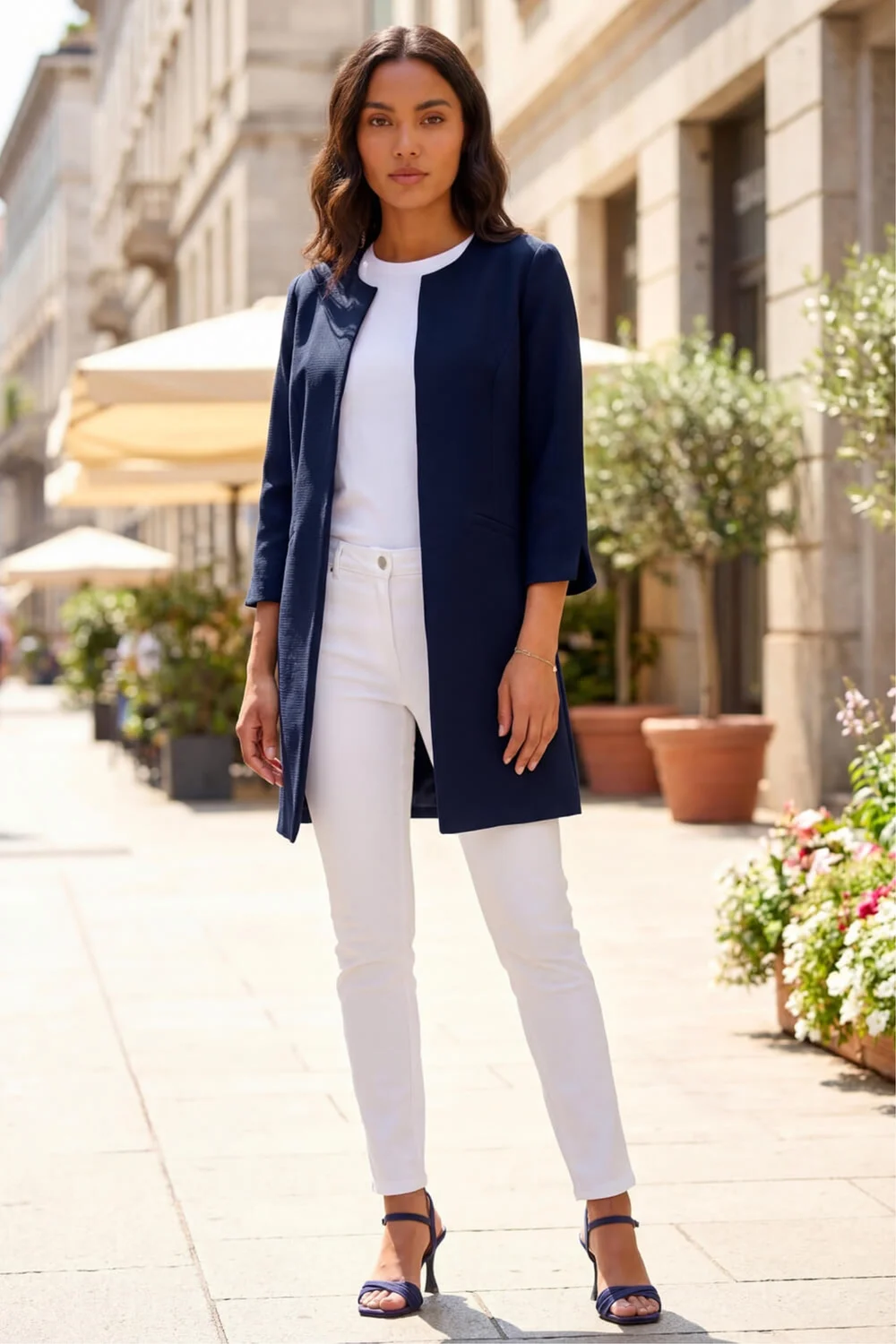 Roman Navy 3/4 Sleeve Textured Longline Jacket - 18 Image 1