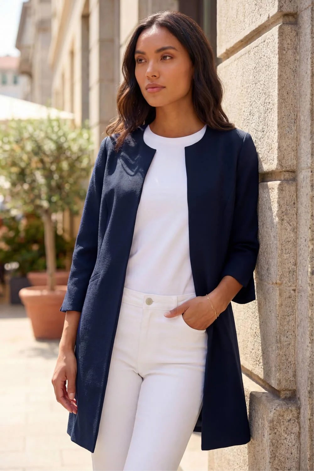 Roman Navy 3/4 Sleeve Textured Longline Jacket - 18 Image 2