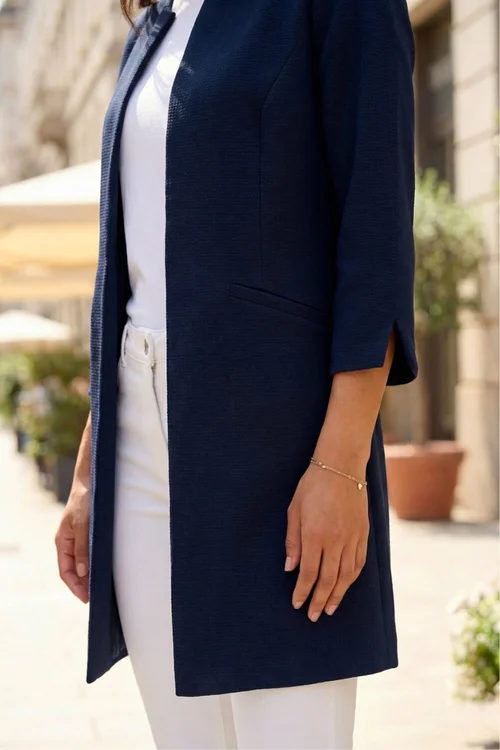 Roman Navy 3/4 Sleeve Textured Longline Jacket - 18 Image 4