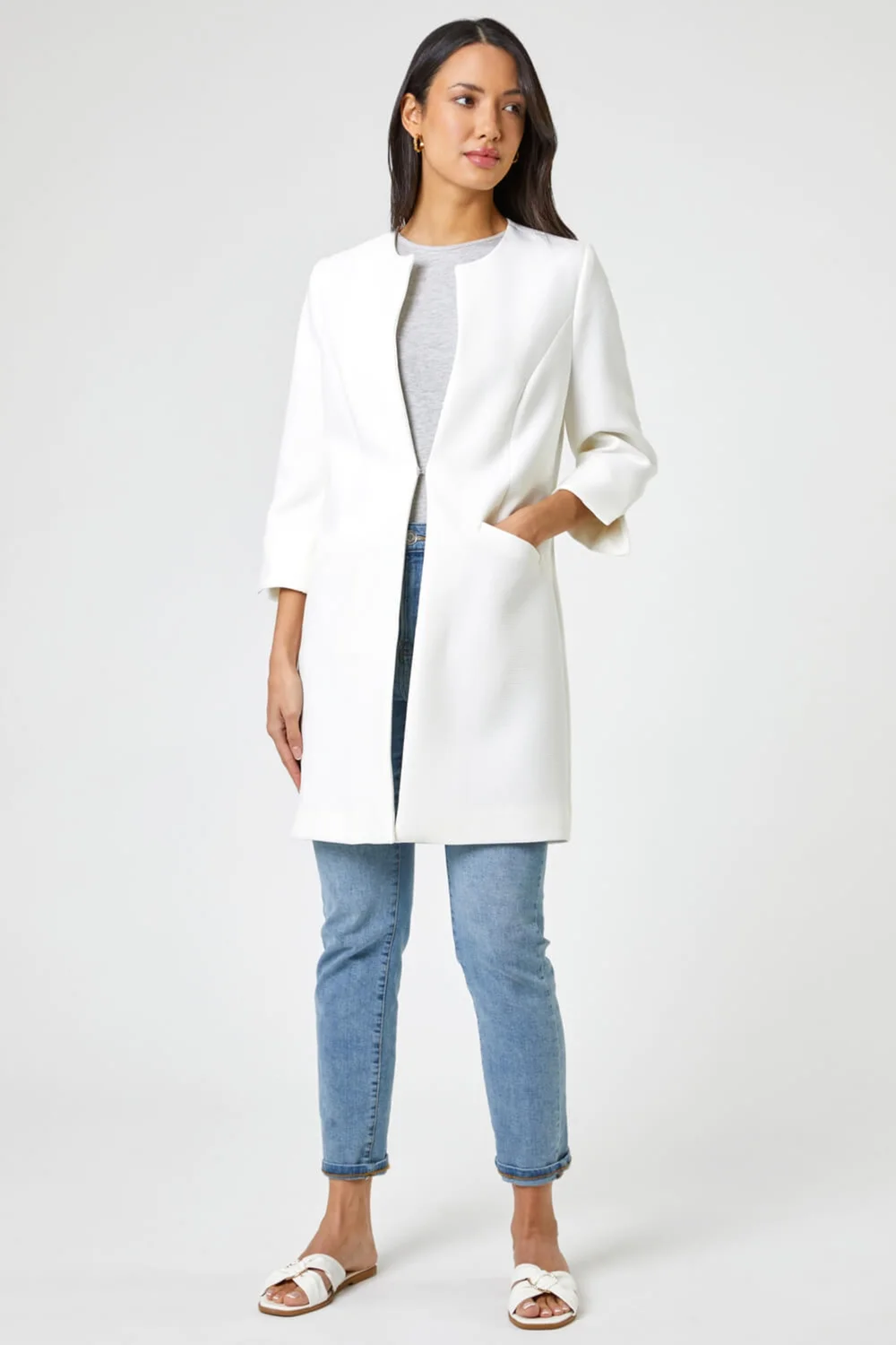 Roman Ivory 3/4 Sleeve Textured Longline Smart Jacket - 8 Image 4