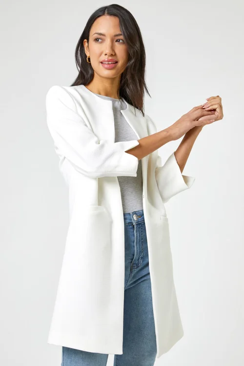 Roman Ivory 3/4 Sleeve Textured Longline Smart Jacket - 8 Image 1