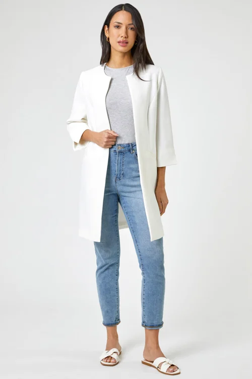 Roman Ivory 3/4 Sleeve Textured Longline Smart Jacket - 8 Image 3