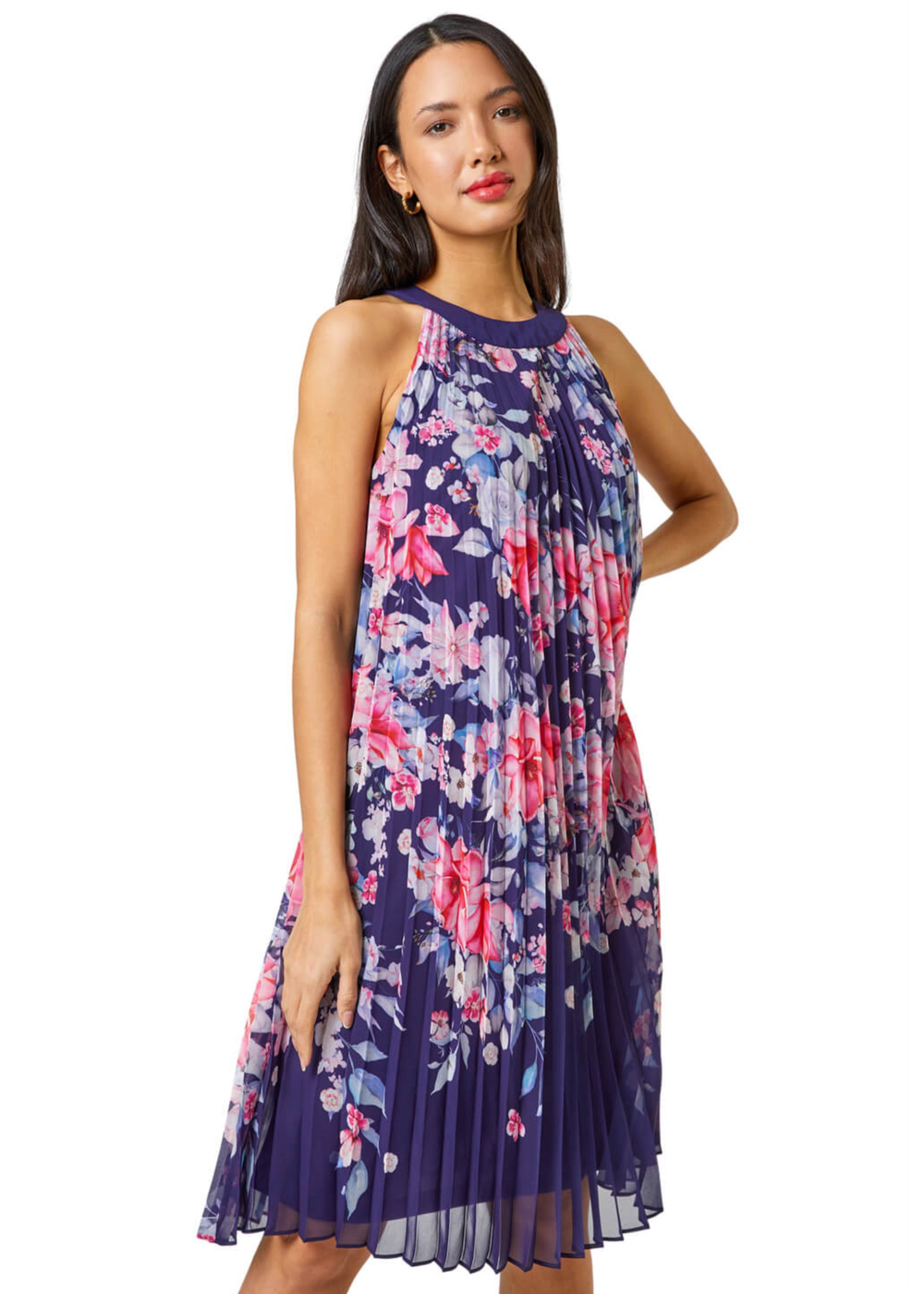 Roman Navy Floral High Neck Pleated Chiffon Swing Dress - 26 Image 1