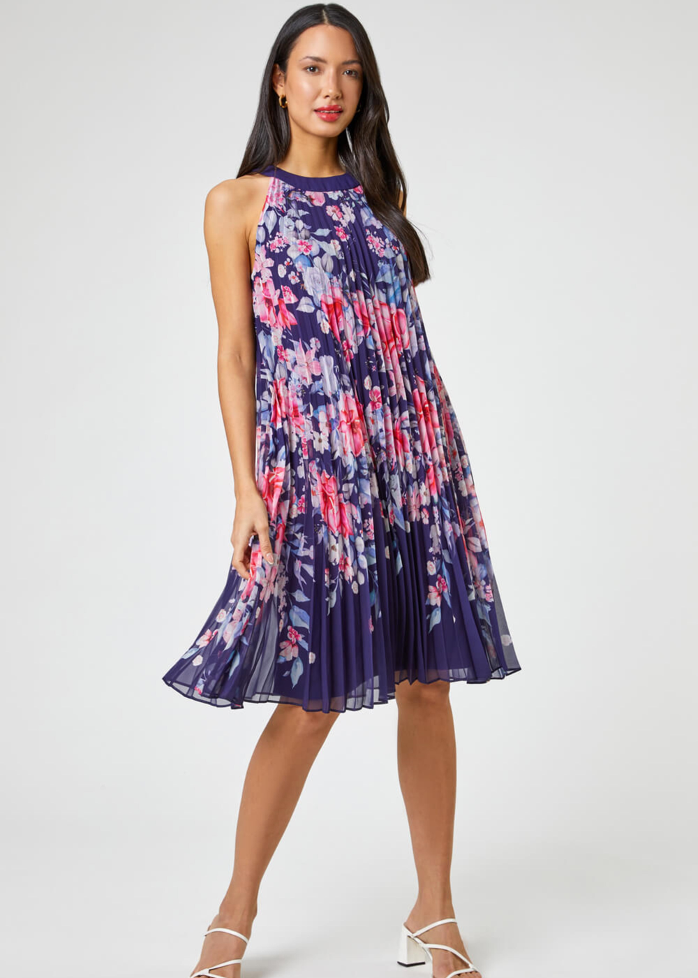 Roman Navy Floral High Neck Pleated Chiffon Swing Dress - 26 Image 3