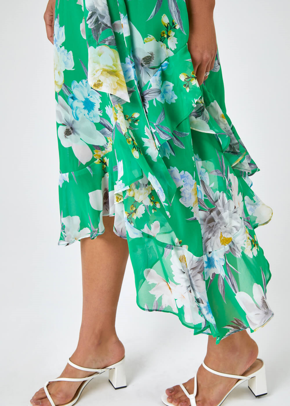 Roman Green Floral Asymmetric Belted Midi Dress - 12 Image 4