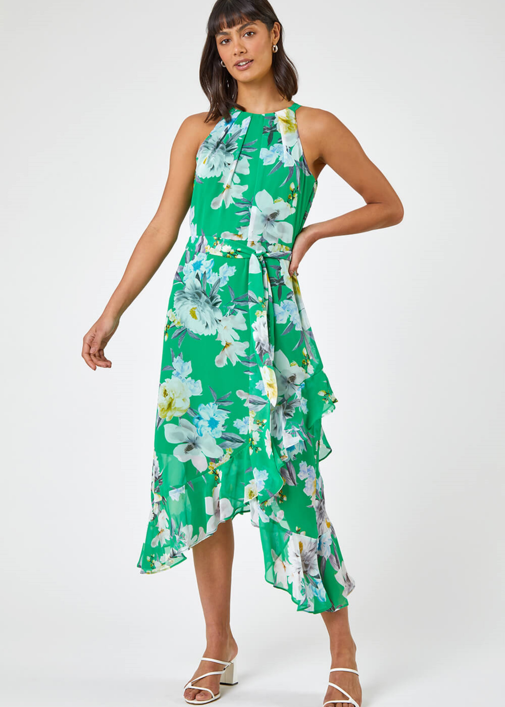 Roman Green Floral Asymmetric Belted Midi Dress - 12 Image 3