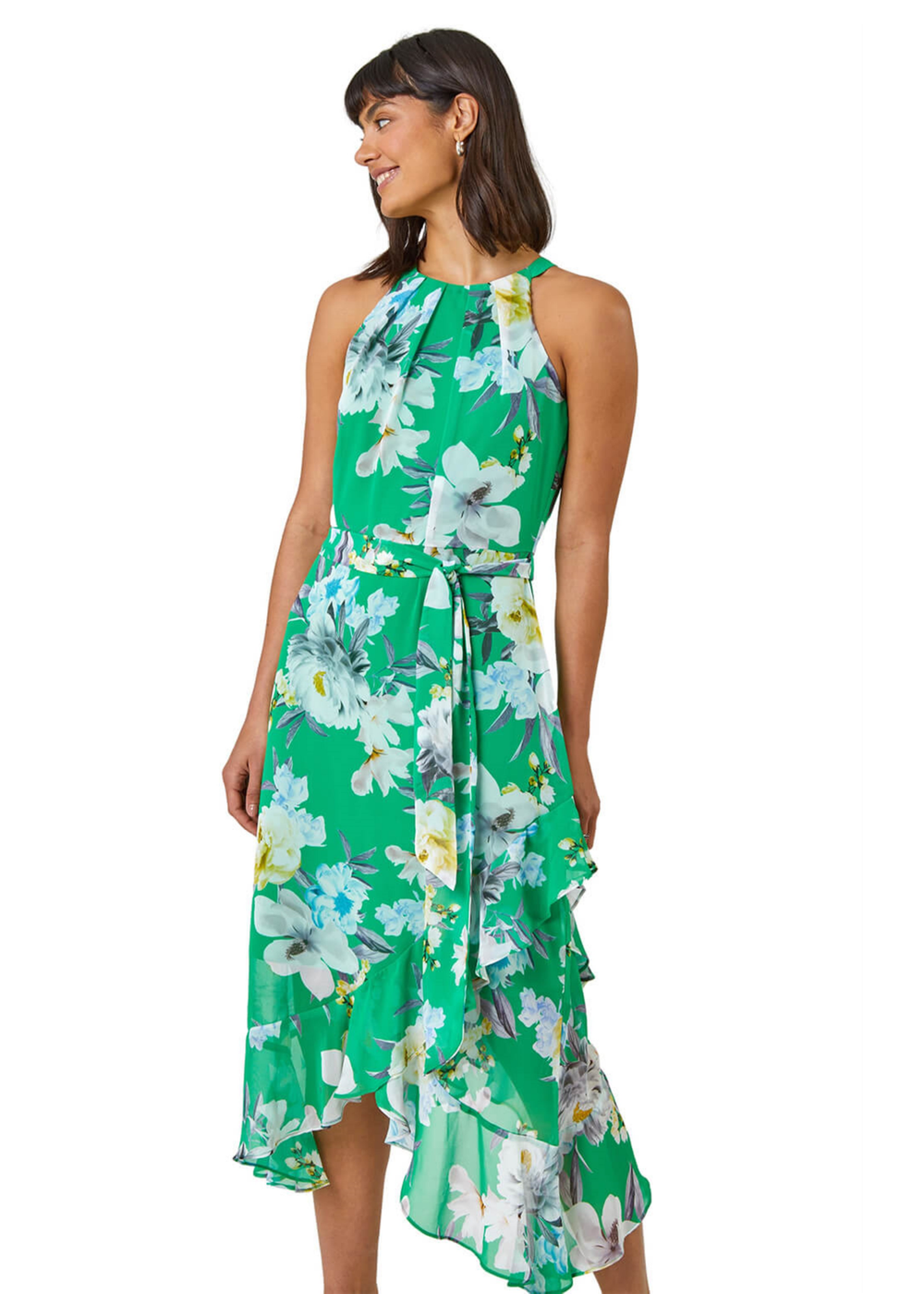 Roman Green Floral Asymmetric Belted Midi Dress - 12 Image 1