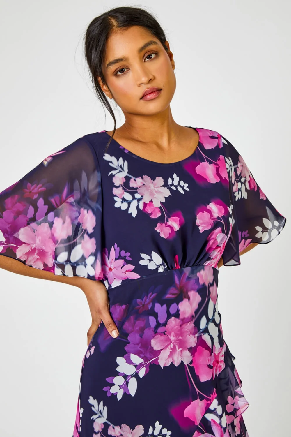 Roman Navy Floral Chiffon Frill Asymmetric Midi Dress - 6 Image 4