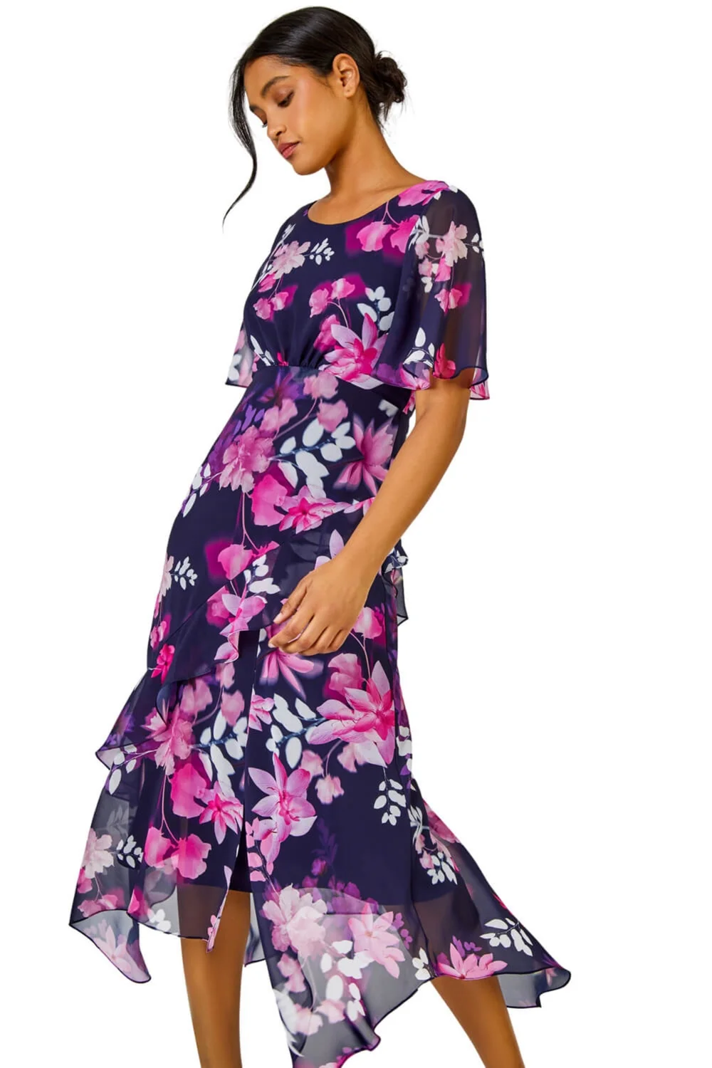 Roman Navy Floral Chiffon Frill Asymmetric Midi Dress - 6 Image 1