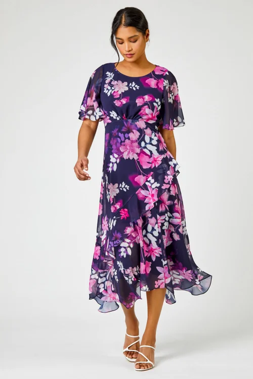 Roman Navy Floral Chiffon Frill Asymmetric Midi Dress - 6 Image 3