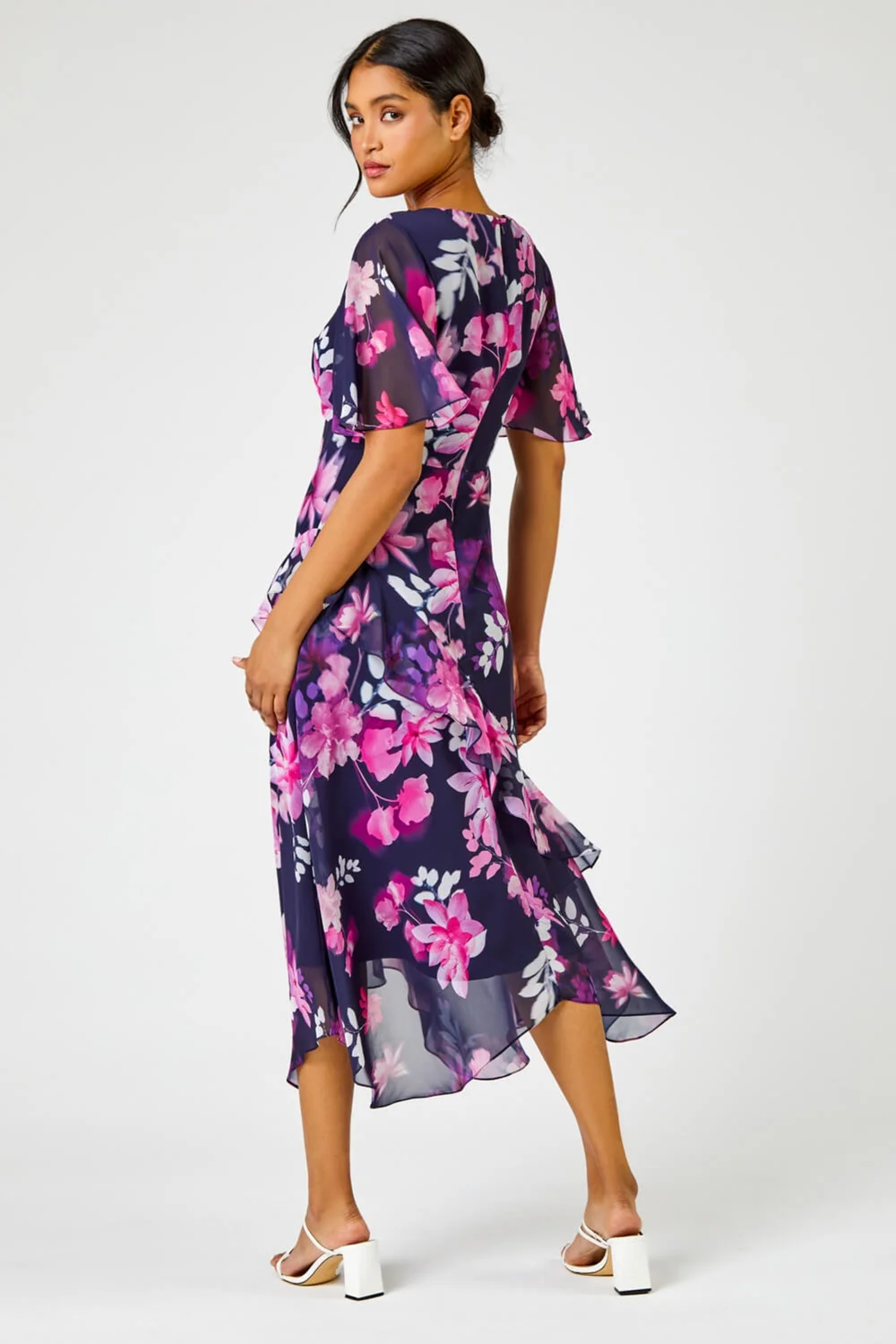 Roman Navy Floral Chiffon Frill Asymmetric Midi Dress - 6 Image 2