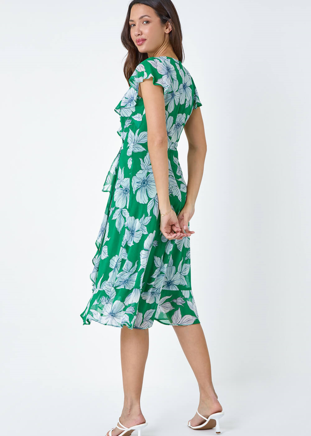 Roman Green Floral Print Chiffon Frill Wrap Midi Dress - 6 Image 2