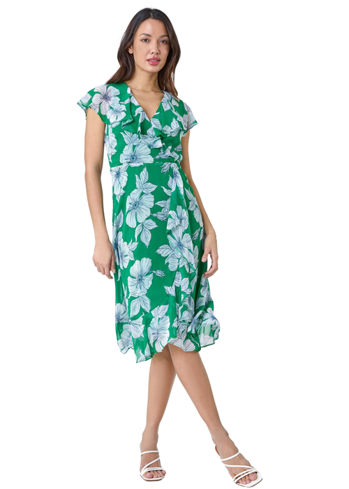 Roman Green Floral Print Chiffon Frill Wrap Midi Dress - 6 Image 1
