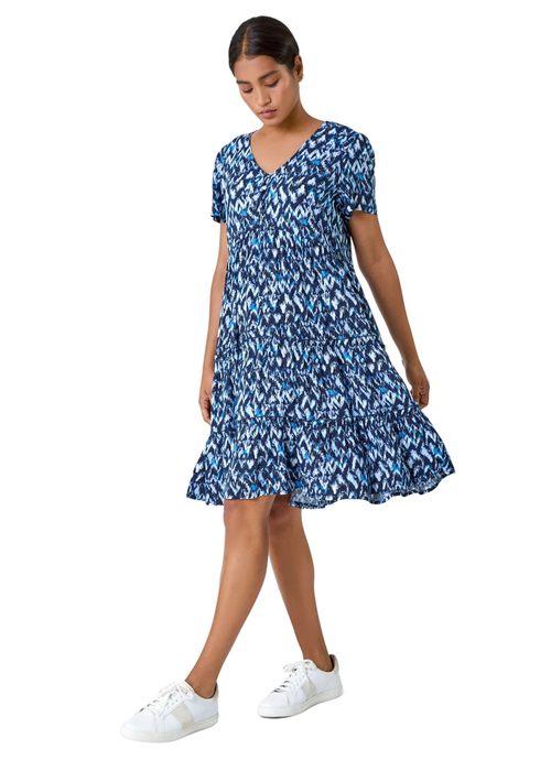 Roman Blue Zig Zag Pocket Tiered Smock Dress - 12 Image 1