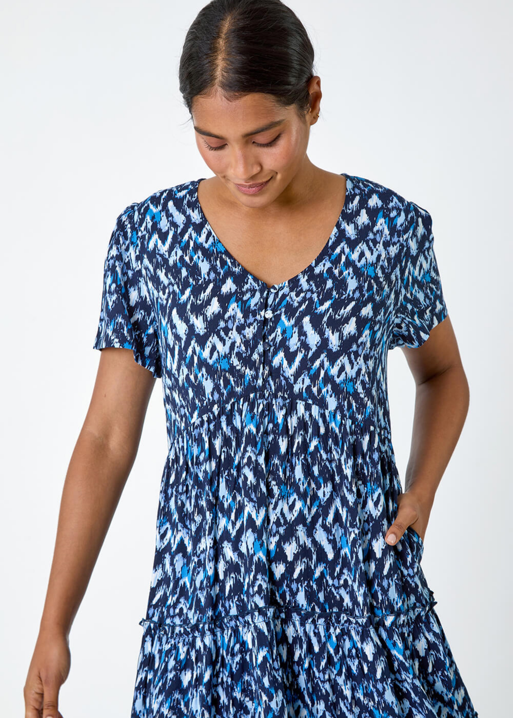 Roman Blue Zig Zag Pocket Tiered Smock Dress - 12 Image 4