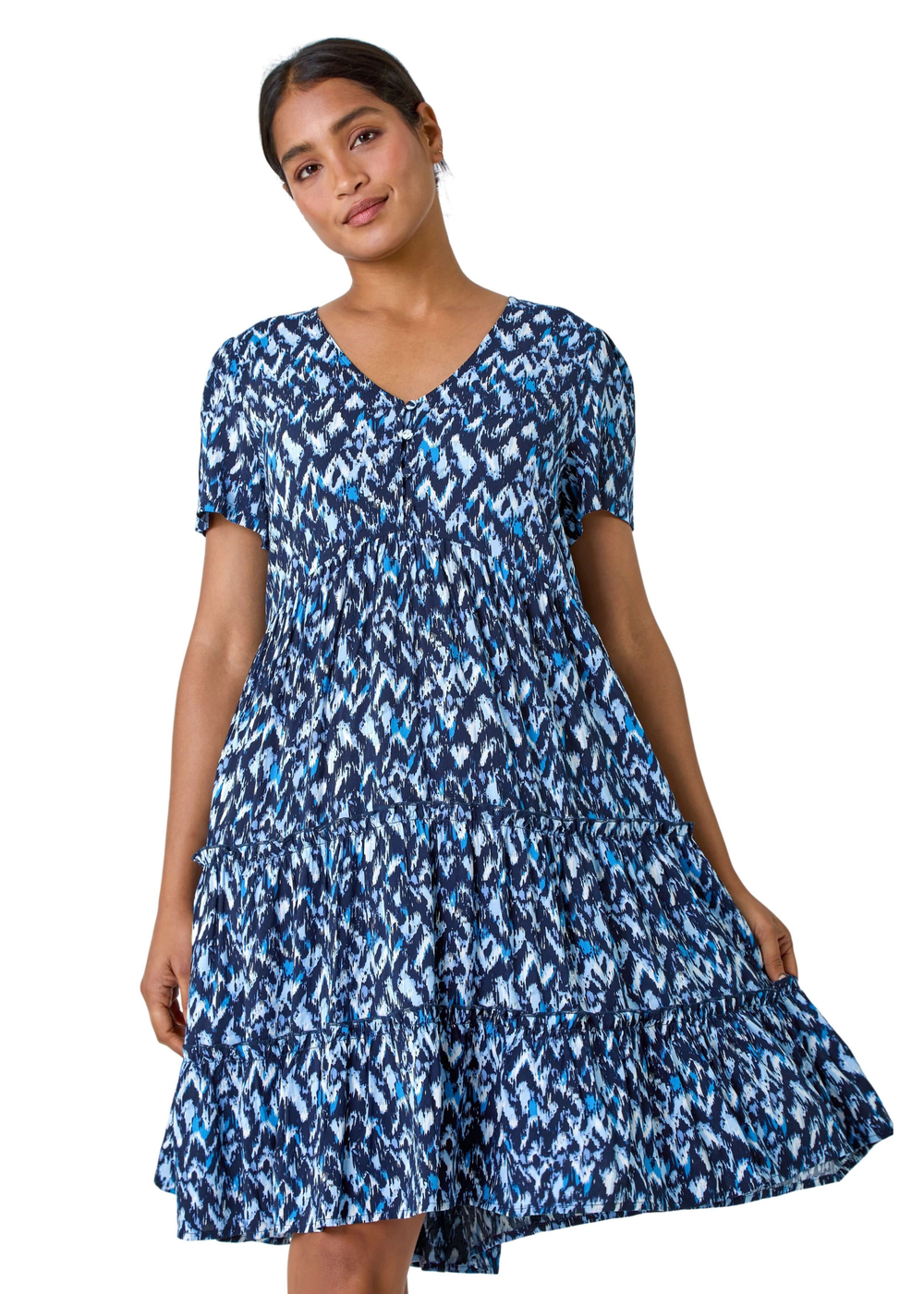 Roman Blue Zig Zag Pocket Tiered Smock Dress - 12 Image 3