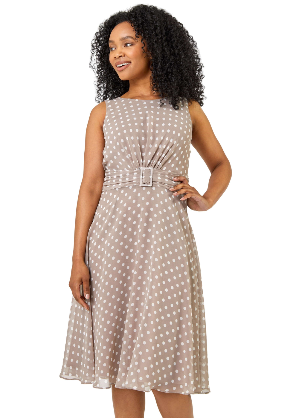 Roman Taupe Petite Spot Print Buckle Detail Dress - 6 Image 1