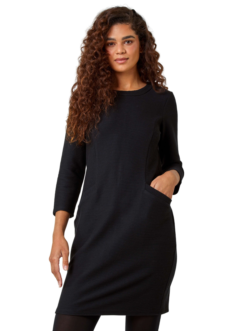 Roman Black Ribbed Pocket Detail Stretch Shift Dress - 22 Image 1