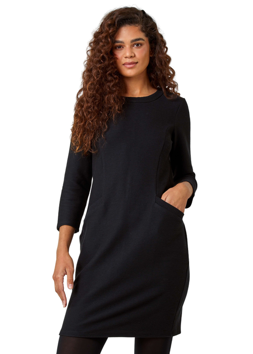 Roman Black Ribbed Pocket Detail Stretch Shift Dress - 22 Image 1