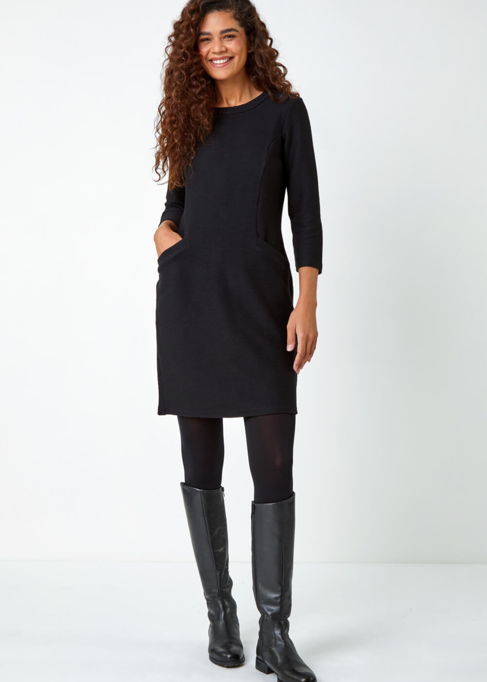 Roman Black Ribbed Pocket Detail Stretch Shift Dress - 22 Image 3