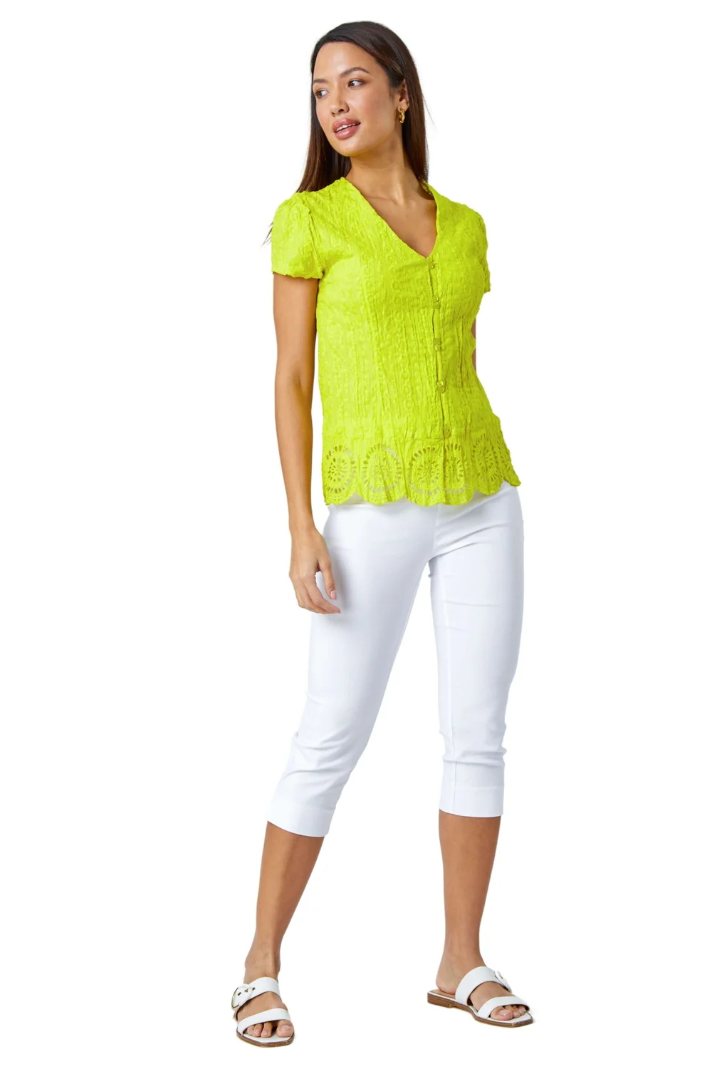 Roman Lime Cotton Embroidered V-Neck Crinkle Blouse - 10 Image 2