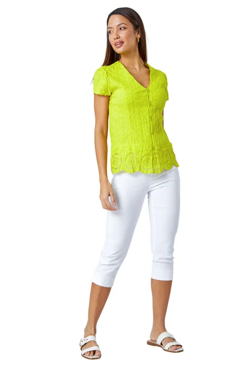 Roman Lime Cotton Embroidered V-Neck Crinkle Blouse - 10 Image 2