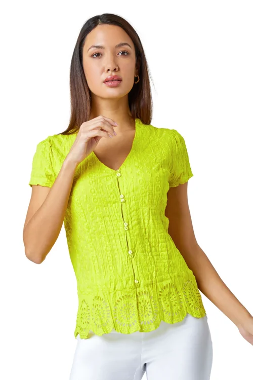 Roman Lime Cotton Embroidered V-Neck Crinkle Blouse - 10 Image 1